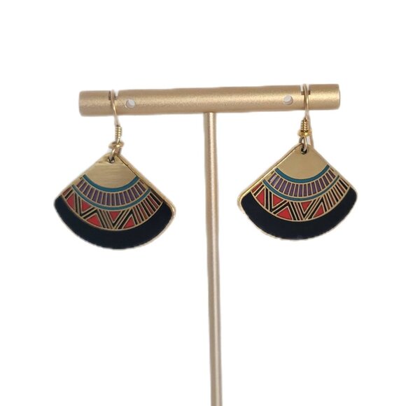 Laurel Burch Vintage Mali Fan Dangle Earrings Brass Cloisonne - Picture 1 of 8